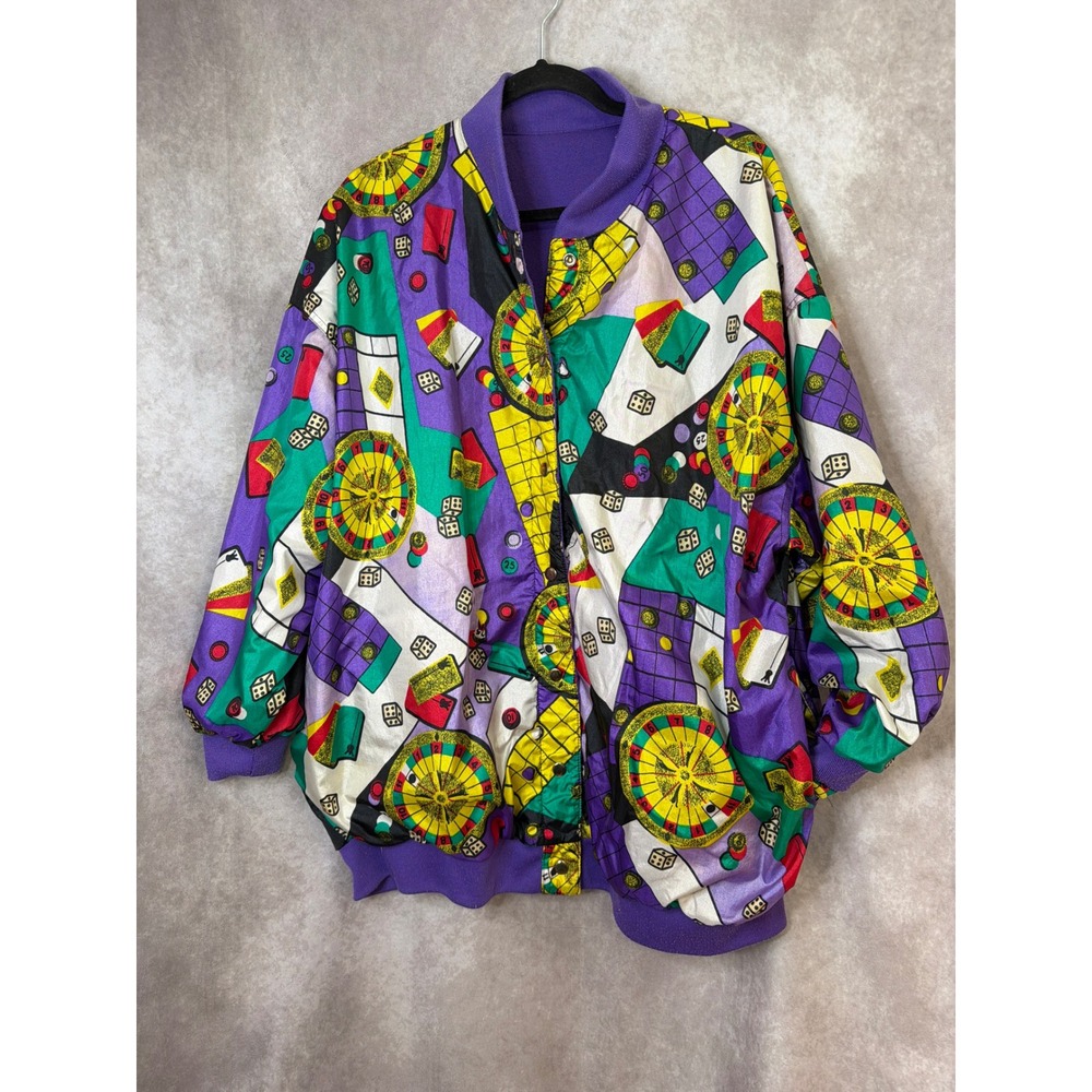 VTG 90s‎ Be in the Current Seen Reversible Casino Print Jacket OSFM Purpke - Picture 2 of 5